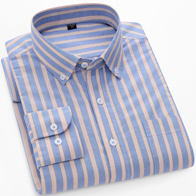 Meeste kontrastse triibulise nööpkraega Oxfordi kootud särk, ühe rinnataskuga mugavad puuvillased, tavalise istumisega vabaaja ruudulised särgid