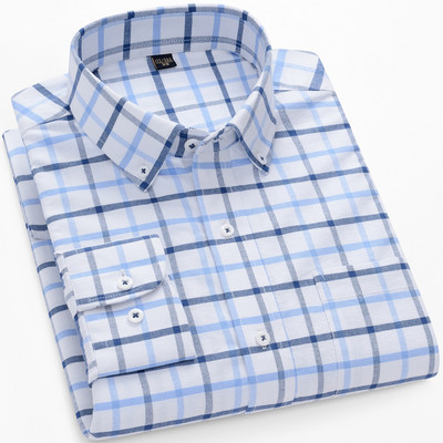 Meeste kontrastse triibulise nööpkraega Oxfordi kootud särk, ühe rinnataskuga mugavad puuvillased, tavalise istumisega vabaaja ruudulised särgid