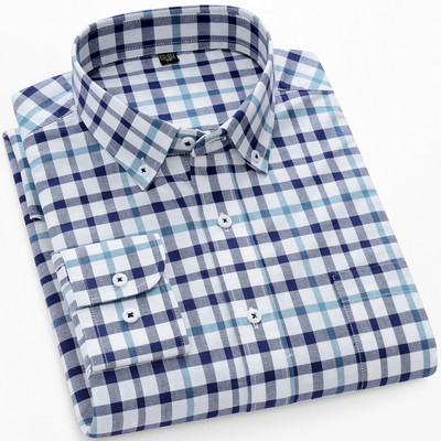 Meeste kontrastse triibulise nööpkraega Oxfordi kootud särk, ühe rinnataskuga mugavad puuvillased, tavalise istumisega vabaaja ruudulised särgid