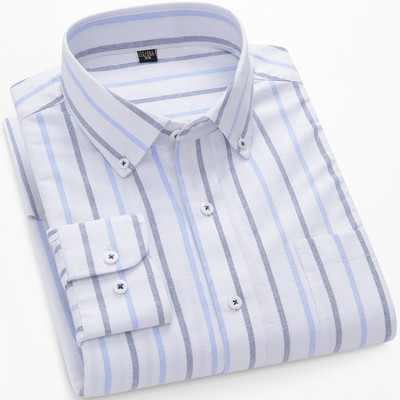 Meeste kontrastse triibulise nööpkraega Oxfordi kootud särk, ühe rinnataskuga mugavad puuvillased, tavalise istumisega vabaaja ruudulised särgid