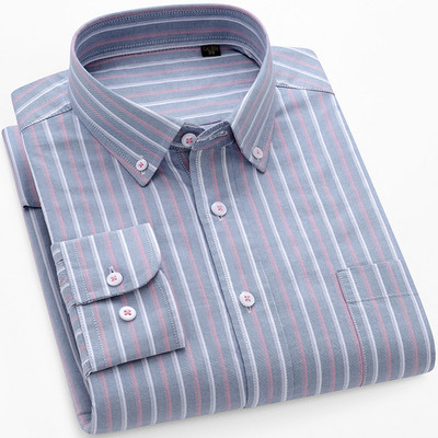 Meeste kontrastse triibulise nööpkraega Oxfordi kootud särk, ühe rinnataskuga mugavad puuvillased, tavalise istumisega vabaaja ruudulised särgid