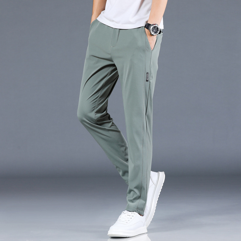 Mingyu Ljetne muške ležerne hlače Muške hlače Muške hlače Slim Fit Radni elastični struk Zelene sive Svijetle tanke cool hlače 28-38
