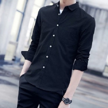 Оксфорд Мъжки ризи с дълъг ръкав Памук Slim fit Социална обикновена риза Ежедневно облекло Черно-бяла бизнес официална риза