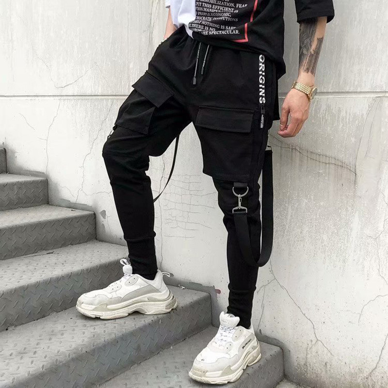 Mood Slim-fit püksid Meeste tänavarõivad Lint Harajuku mustad püksid meestele Vabaaja Techwear Jogging Jaapan Kpop meeste püksid