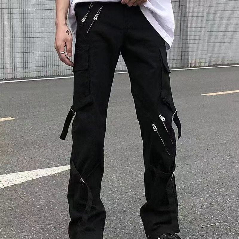 Kpop Y2k sportske hlače za muškarce Modne joggers vrpce s patentnim zatvaračem crne ulične punk unikatne šik školske muške hlače