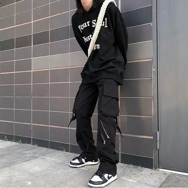 Kpop Y2k sportske hlače za muškarce Modne joggers vrpce s patentnim zatvaračem crne ulične punk unikatne šik školske muške hlače