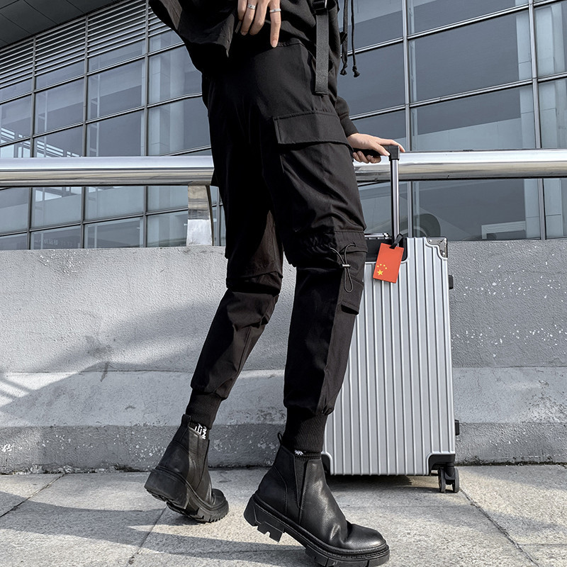 Mood, mustad kaubapüksid, mehed, jooksjad, tänavarõivad, korea riided, hip-hop punk, kitsad haaremipüksid, safari stiilis vabaaja püksid