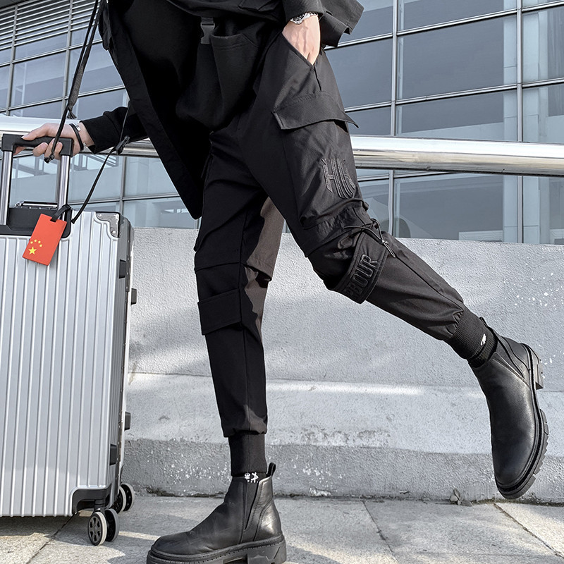 Mood, mustad kaubapüksid, mehed, jooksjad, tänavarõivad, korea riided, hip-hop punk, kitsad haaremipüksid, safari stiilis vabaaja püksid