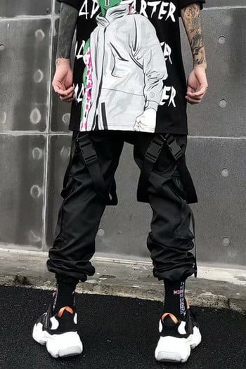 Улично облекло Спортни панталони с наслагване Мъжки хип-хоп пънк карго панталони за мъже Черни панделки Harem Harajuku Японски модни панталони