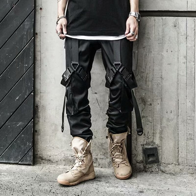 Pantaloni de sport stivuiți pentru bărbați Pantaloni cargo hip hop punk pentru bărbați Panglici negre Harem Harajuku Pantaloni de modă japoneză