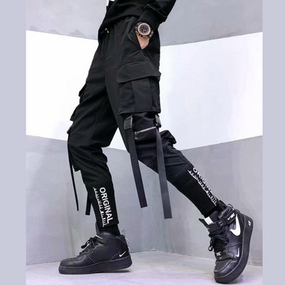 Pantaloni de sport stivuiți pentru bărbați Pantaloni cargo hip hop punk pentru bărbați Panglici negre Harem Harajuku Pantaloni de modă japoneză