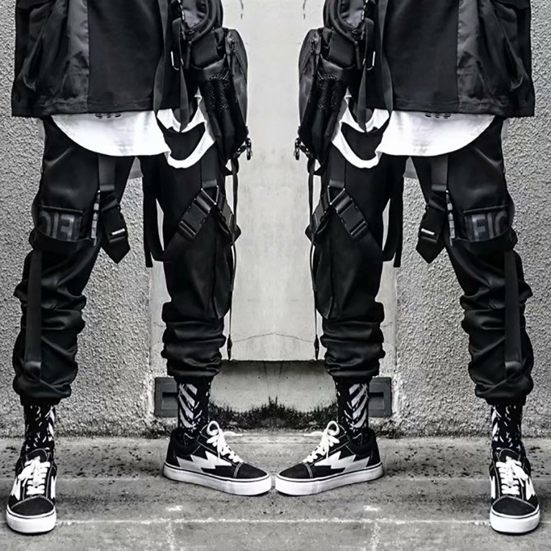 Pantaloni de sport stivuiți pentru bărbați Pantaloni cargo hip hop punk pentru bărbați Panglici negre Harem Harajuku Pantaloni de modă japoneză