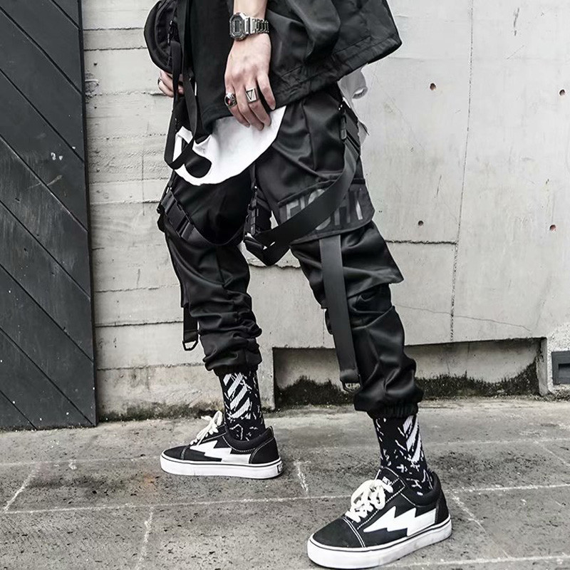 Pantaloni de sport stivuiți pentru bărbați Pantaloni cargo hip hop punk pentru bărbați Panglici negre Harem Harajuku Pantaloni de modă japoneză