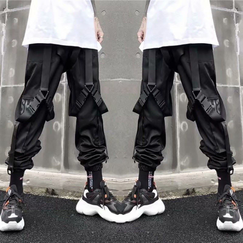 Pantaloni de sport stivuiți pentru bărbați Pantaloni cargo hip hop punk pentru bărbați Panglici negre Harem Harajuku Pantaloni de modă japoneză