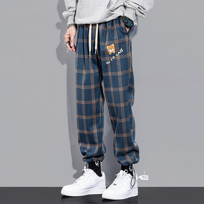 Καλοκαιρινό καθημερινό χαλαρό καρό παντελόνι Ανδρικά ταξίδια διακοπών Παντελόνι με φαρδύ πόδι καφέ μπλε vintage στυλ καρό φαρδύ τακτικό παντελόνι