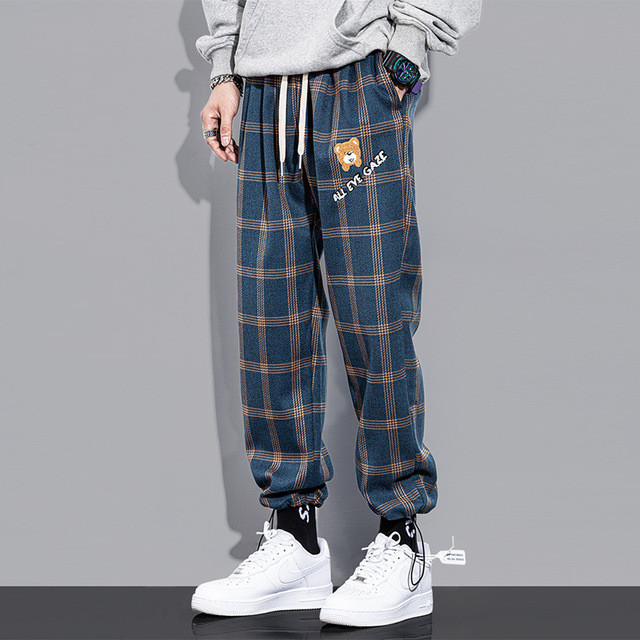 Καλοκαιρινό καθημερινό χαλαρό καρό παντελόνι Ανδρικά ταξίδια διακοπών Παντελόνι με φαρδύ πόδι καφέ μπλε vintage στυλ καρό φαρδύ τακτικό παντελόνι