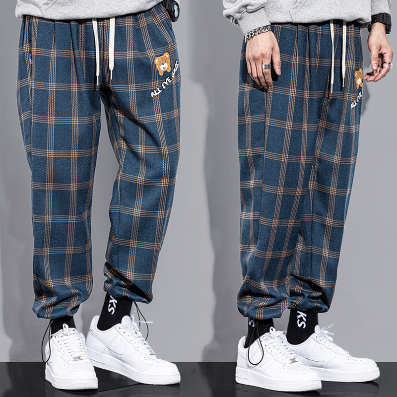 Καλοκαιρινό καθημερινό χαλαρό καρό παντελόνι Ανδρικά ταξίδια διακοπών Παντελόνι με φαρδύ πόδι καφέ μπλε vintage στυλ καρό φαρδύ τακτικό παντελόνι