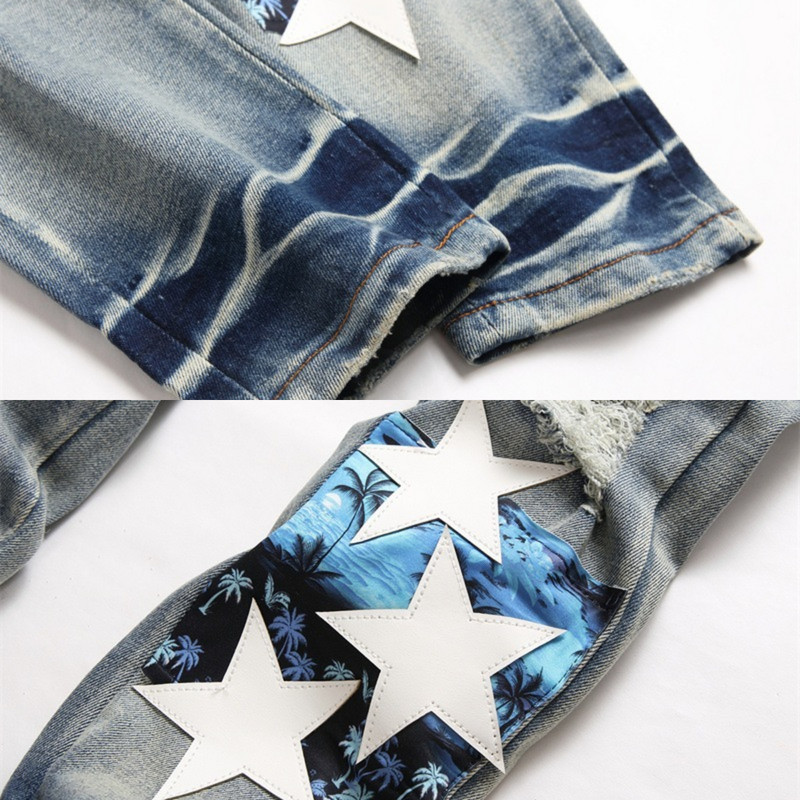 Žvaigždute siuvinėti odiniai džinsai vyriški su salos raštu mažos pėdos plonos perforuotos kelnės, dėvimos laisvos vintage Stretch Street 23