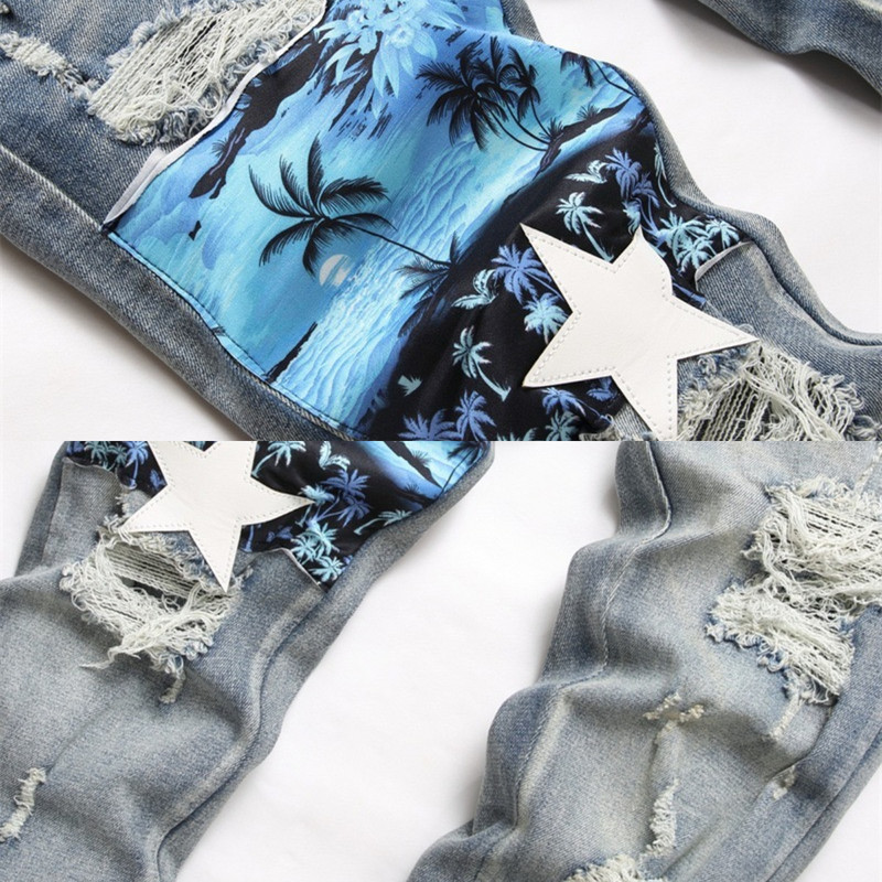 Žvaigždute siuvinėti odiniai džinsai vyriški su salos raštu mažos pėdos plonos perforuotos kelnės, dėvimos laisvos vintage Stretch Street 23