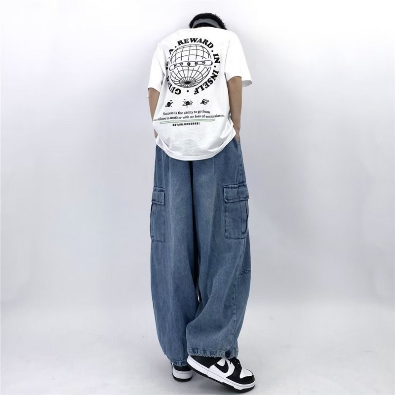 Vintage Y2K mood tänavarõivad Baggy Cargo teksad meestele Kõrge vöökohaga sirged laia säärega püksid Meeste lahtised teksapüksid 2023 Uus