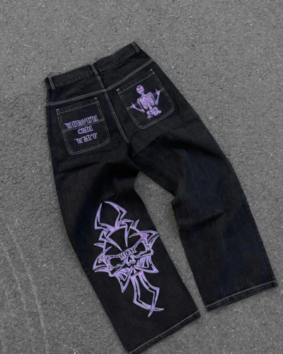 Κορεατική μόδα Y2k Street Jeans Ανδρικά Hip Hop Pattern Κέντημα Hip Hop φαρδύ τζιν Μπλε παντελόνι ψηλόμεσο παντελόνι για γυναίκες
