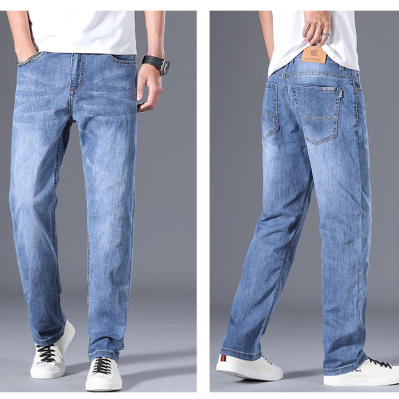 Ljetne muške hlače, svijetloplave, ležerne tanke traperice, ravne cijevi, široke kroje, trend klasične traperice širokih nogavica