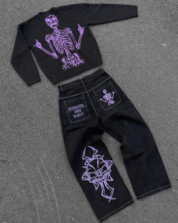 Y2K Jeans Ανδρικό Hip Hop Retro Skull κέντημα Πλυμένο φαρδύ τζιν παντελόνι Νέο ίσιο casual φαρδύ παντελόνι στο πόδι Streetwear