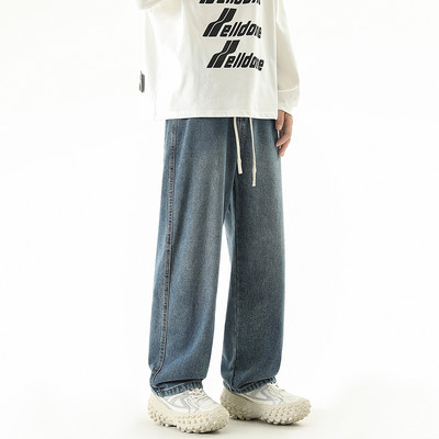 Jesen 2023, novi dizajn s uzicom, muške traper hlače širokih nogavica, korejske modne jednobojne ravne široke traperice, muške crno-plave