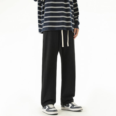 Jesen 2023, novi dizajn s uzicom, muške traper hlače širokih nogavica, korejske modne jednobojne ravne široke traperice, muške crno-plave