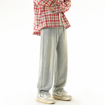 Jesen 2023, novi dizajn s uzicom, muške traper hlače širokih nogavica, korejske modne jednobojne ravne široke traperice, muške crno-plave