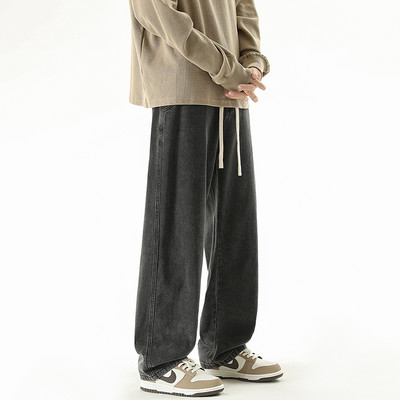 Jesen 2023, novi dizajn s uzicom, muške traper hlače širokih nogavica, korejske modne jednobojne ravne široke traperice, muške crno-plave
