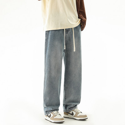 Jesen 2023, novi dizajn s uzicom, muške traper hlače širokih nogavica, korejske modne jednobojne ravne široke traperice, muške crno-plave