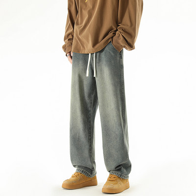 Jesen 2023, novi dizajn s uzicom, muške traper hlače širokih nogavica, korejske modne jednobojne ravne široke traperice, muške crno-plave