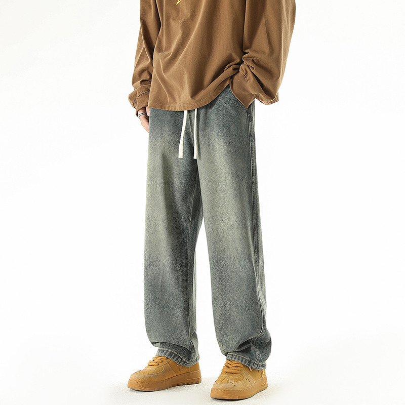 Jesen 2023, novi dizajn s uzicom, muške traper hlače širokih nogavica, korejske modne jednobojne ravne široke traperice, muške crno-plave