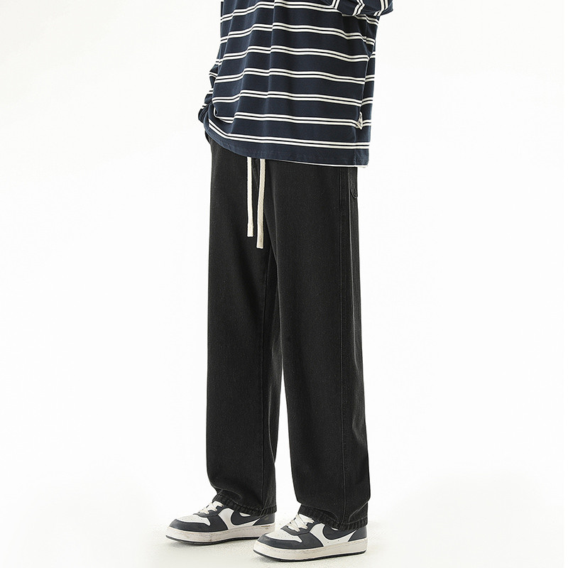Jesen 2023, novi dizajn s uzicom, muške traper hlače širokih nogavica, korejske modne jednobojne ravne široke traperice, muške crno-plave