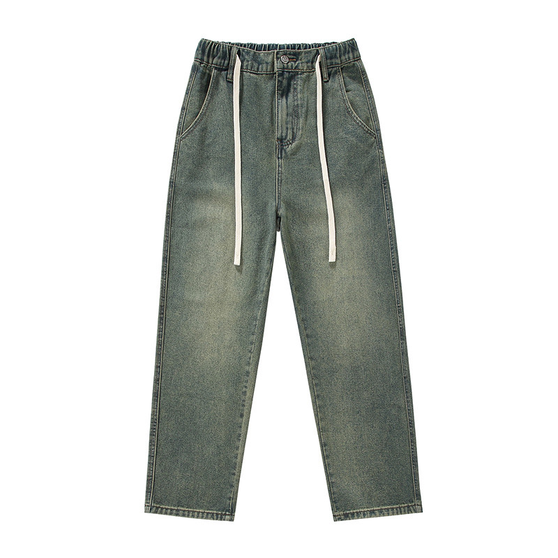 Jesen 2023, novi dizajn s uzicom, muške traper hlače širokih nogavica, korejske modne jednobojne ravne široke traperice, muške crno-plave