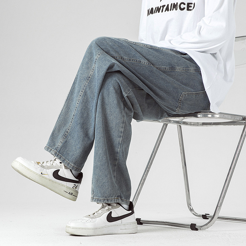 Μόδα Ανδρικά casual φαρδιά τζιν Φθινοπωρινά Νέα Streetwear Φαρδύ casual τζιν παντελόνι ματισμένο σχέδιο Μονόχρωμο vintage μπλε μαύρο