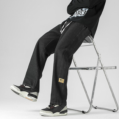 Ανδρικά φαρδιά φαρδιά τζιν ρετρό μόδας High Street Straight τζιν παντελόνι Επώνυμα ανδρικά ρούχα με κορδόνι ελαστική μέση μαύρο μπλε