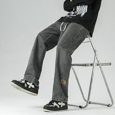 Ανδρικά φαρδιά φαρδιά τζιν ρετρό μόδας High Street Straight τζιν παντελόνι Επώνυμα ανδρικά ρούχα με κορδόνι ελαστική μέση μαύρο μπλε