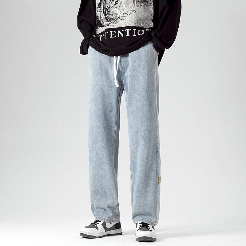 Ανδρικά φαρδιά φαρδιά τζιν ρετρό μόδας High Street Straight τζιν παντελόνι Επώνυμα ανδρικά ρούχα με κορδόνι ελαστική μέση μαύρο μπλε