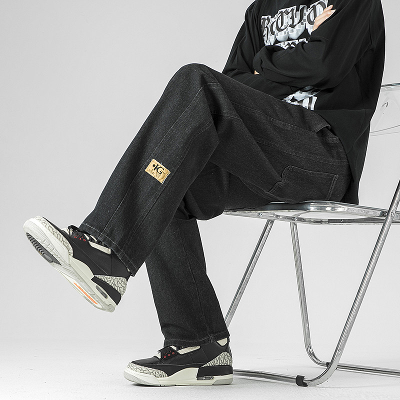 Ανδρικά φαρδιά φαρδιά τζιν ρετρό μόδας High Street Straight τζιν παντελόνι Επώνυμα ανδρικά ρούχα με κορδόνι ελαστική μέση μαύρο μπλε