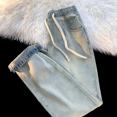 Proljeće 2023. Nove muške široke traperice s uzicom, ulične korejske modne traper hlače širokih nogavica, muške crno-plave