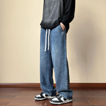 Streetwear Ανδρικό τζιν με ελαστική μέση με φαρδύ πόδι φαρδύ τζιν Κορεατικής μόδας Νέο φθινοπωρινό ρετρό τζιν Oversize Αντρικό παντελόνι με σχέδιο κορδόνι