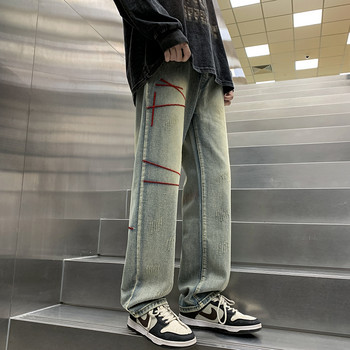 Νέα Άνοιξη 2023 Ανδρικά φαρδιά ίσια τζιν Hip Hop Streetwear Y2K Vintage παντελόνια μόδας Κέντημα με γρατσουνιές φαρδύ τζιν παντελόνι