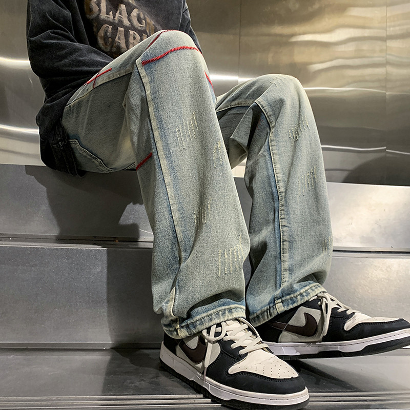 Uus 2023. aasta kevad, meeste kottis sirged teksad Hip Hop tänavarõivad Y2K vintage mood püksid tikandid kriimustusega laia säärega teksapüksid