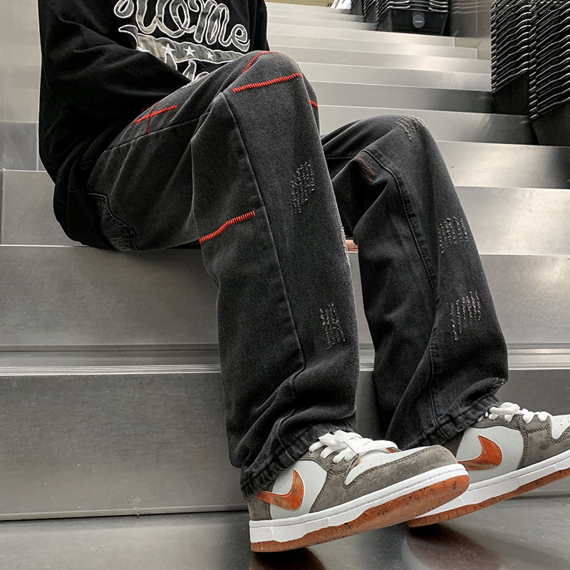 Uus 2023. aasta kevad, meeste kottis sirged teksad Hip Hop tänavarõivad Y2K vintage mood püksid tikandid kriimustusega laia säärega teksapüksid