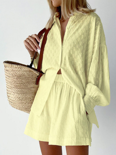 Ležerno odijelo od jacquard kratke hlače Žensko ljeto 2023. Opuštena dvodijelna košulja dugih rukava Komplet ženskih kratkih hlača u havajskom stilu, dvodijelni set