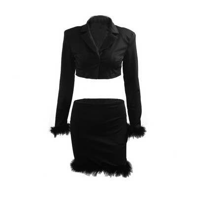 Patchwork ženski komplet s V izrezom, krzneni kratki kratki blejzeri i kratke hlače s dugim rukavima, jednobojni uski konusni ulični, ležerni, ženski