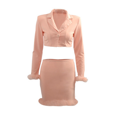 Patchwork ženski komplet s V izrezom, krzneni kratki kratki blejzeri i kratke hlače s dugim rukavima, jednobojni uski konusni ulični, ležerni, ženski