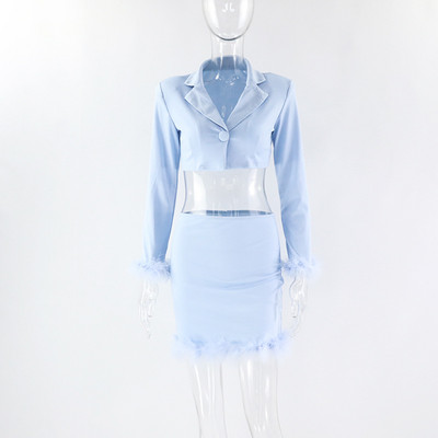 Patchwork ženski komplet s V izrezom, krzneni kratki kratki blejzeri i kratke hlače s dugim rukavima, jednobojni uski konusni ulični, ležerni, ženski